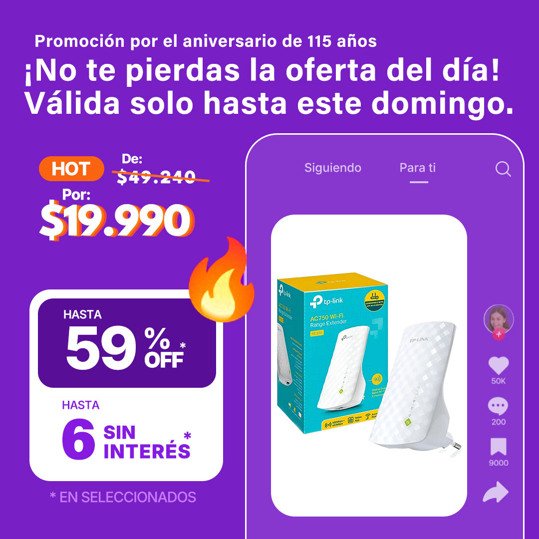Repetidor Extensor de rango Wi-Fi 5 Doble Banda TP-Link RE200 AC750